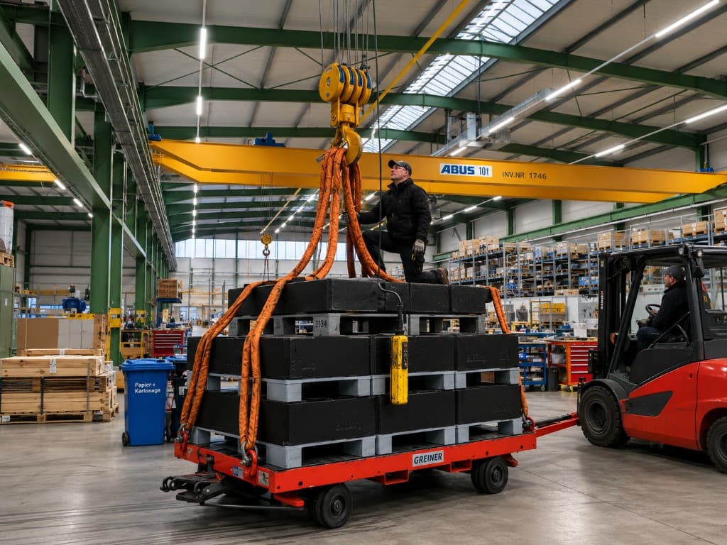 Kranprüfung und Lastaufnahme in der Industriehalle