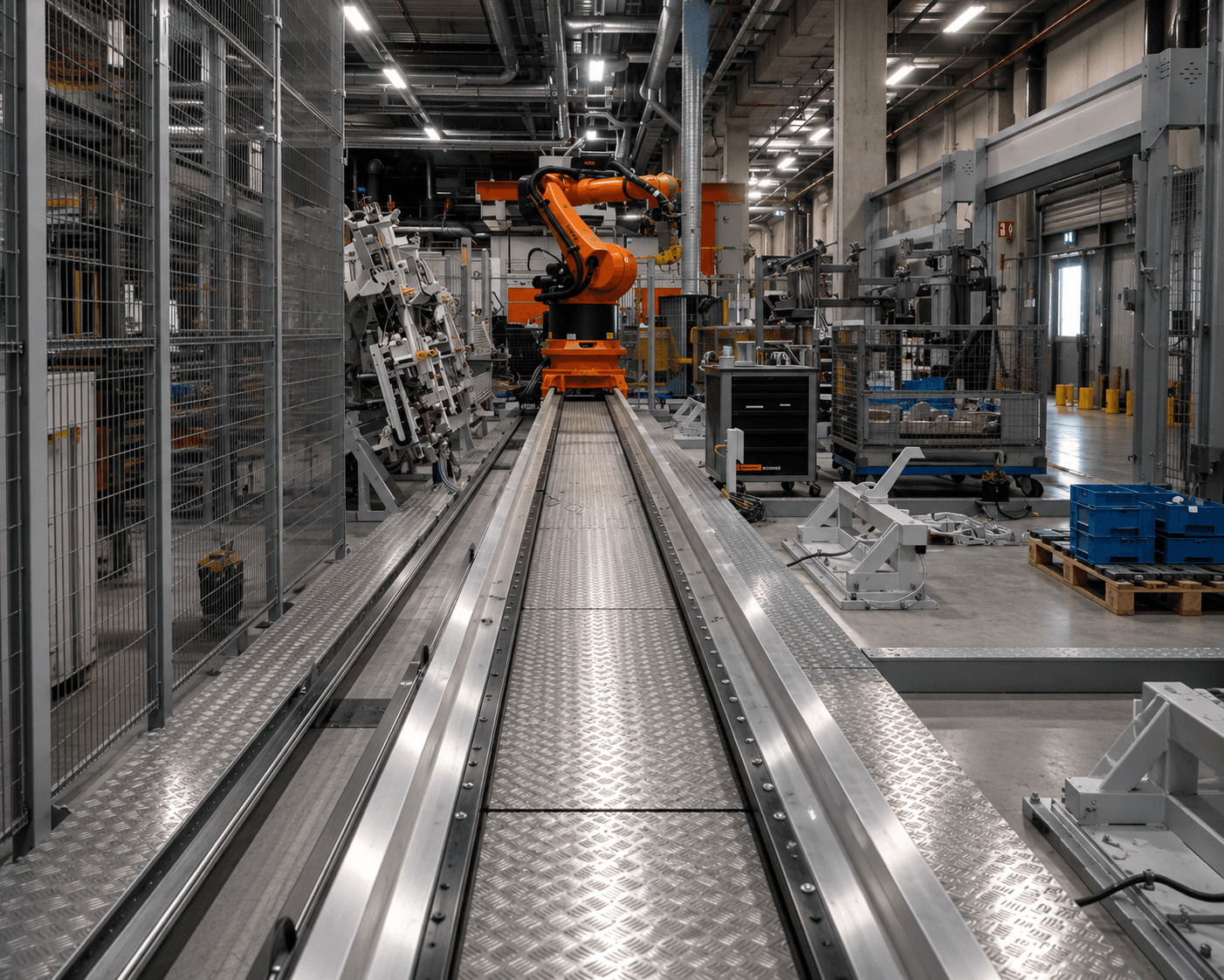 Ortsfeste Anlage mit Industrieroboter und Fördertechnik im Prüfkontext
