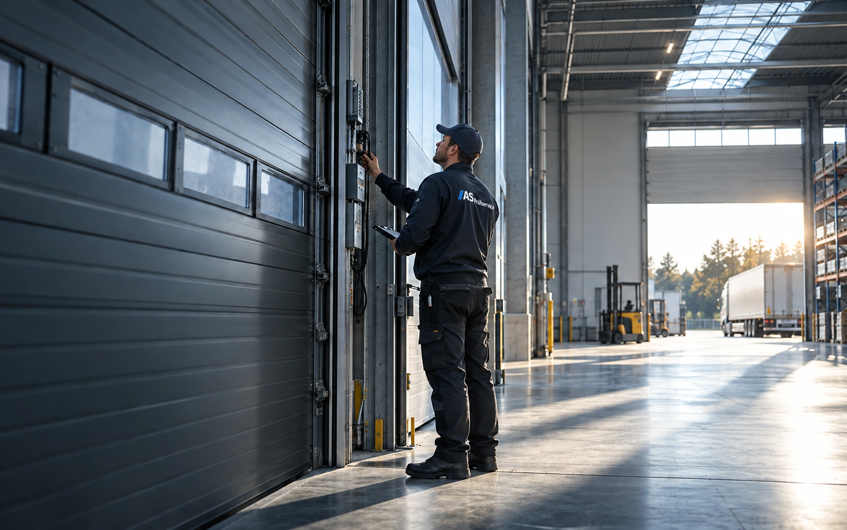 AS Prüfservice Techniker prüft Industrietor in der Lagerhalle